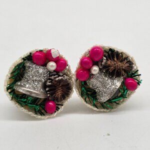 Vintage Christmas Clip-On Earrings With Bells & Glitter Accents
